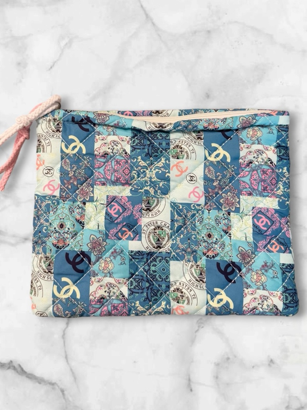NWOT Source Unknown Patchwork Quilted Cosmetic Pouch - Blue, Teal & Pink